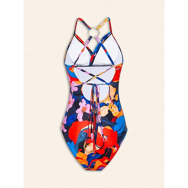 Floral Print Crossover Collar Swimsuit