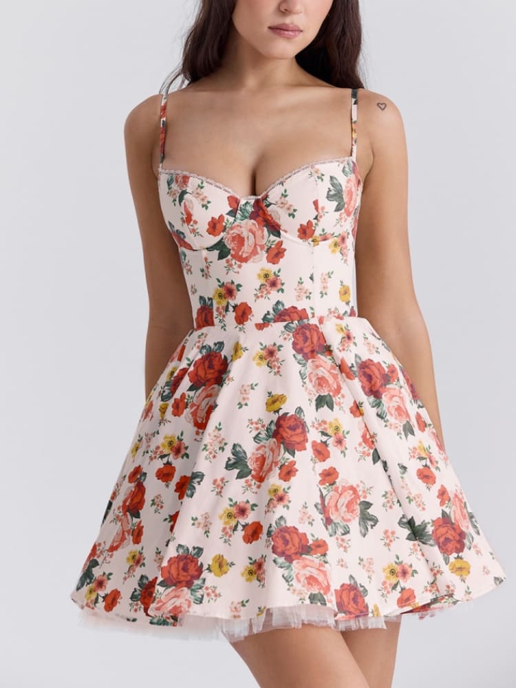 Minivestido de tul con estampado de rosas italianas