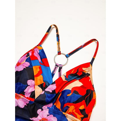 Floral Print Crossover Collar Swimsuit