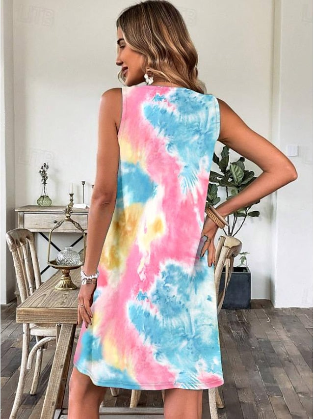 Dame tankkjole Tie Dye Shift Kjole Plisseret U-hals Minikjole Stilfuld ferie Strand Ærmeløs sommer