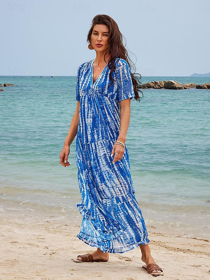 Tie Dye Print V Neck Long Dress Maxi Dress