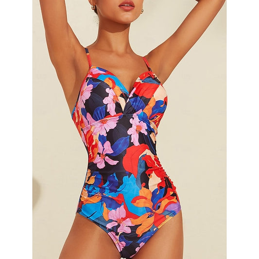 Floral Print Crossover Collar Swimsuit