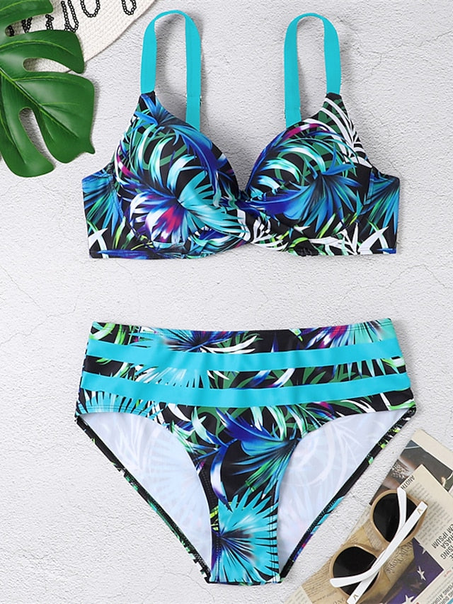 Traje de baño para mujer Bikini 2 piezas Traje de baño normal Sin espalda 2 piezas Push Up Sexy Impresión Hoja V Alambre Vacaciones Ropa de playa Trajes de baño