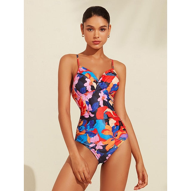 Floral Print Crossover Collar Swimsuit