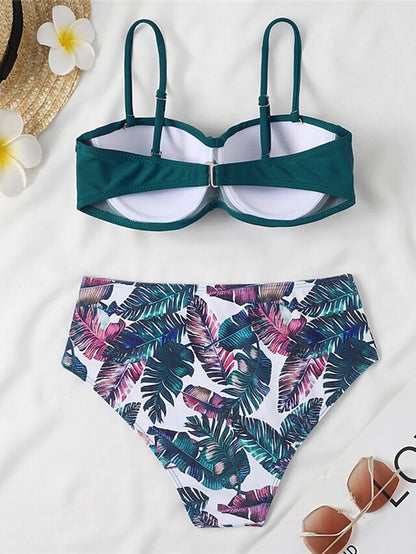 Women's Swimwear Bikini 2 Piece Normal Swimsuit 2 Piece Open Back Sexy Printing High Waisted Floral Leaves Strap Vacation Fashion Bathing Suits