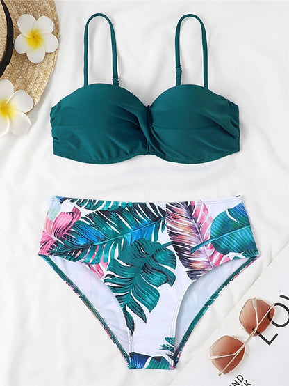 Women's Swimwear Bikini 2 Piece Normal Swimsuit 2 Piece Open Back Sexy Printing High Waisted Floral Leaves Strap Vacation Fashion Bathing Suits