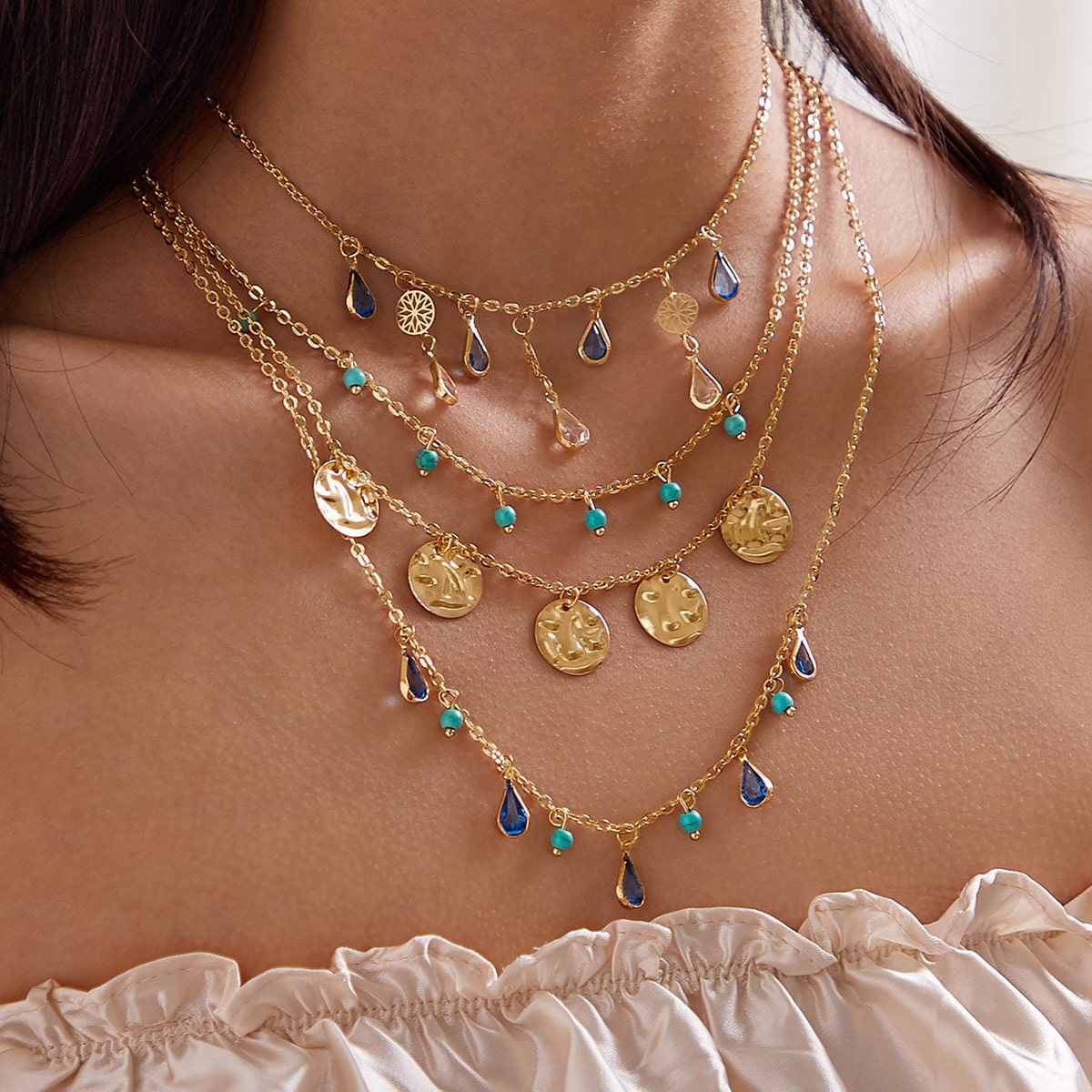 Tassel Boho Necklace - Gold Disc And Blue Jewel Layered Set