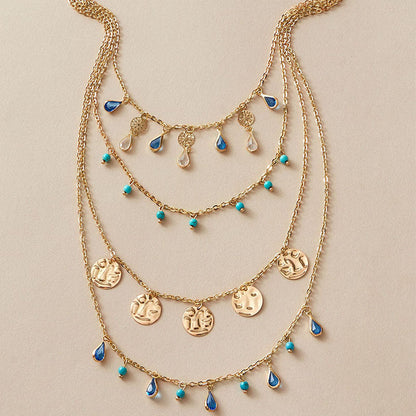 Tassel Boho Necklace - Gold Disc And Blue Jewel Layered Set