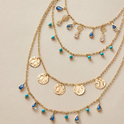 Collana Boho con nappa - Set a strati con disco d'oro e gioielli blu