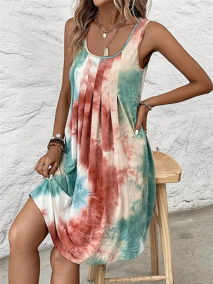 Damen-Tankkleid, Batik-Etuikleid, plissiertes U-Ausschnitt-Minikleid, stilvoll, Boho-Urlaub, Strand, ärmellos, Sommer