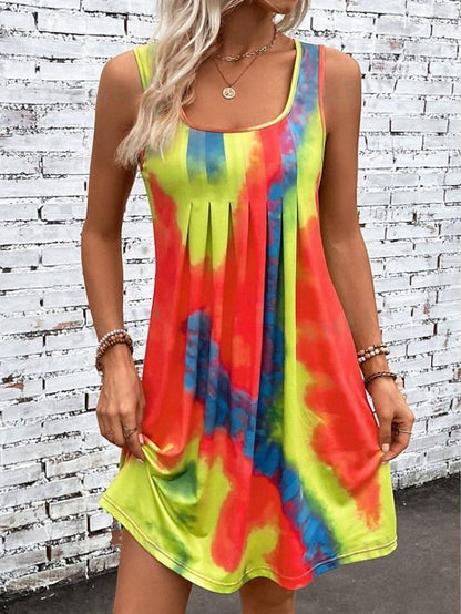 Damklänning Tie Dye Shift Klänning Plisserad U-hals Miniklänning Snygg semester Strand Ärmlös sommar