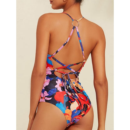 Floral Print Crossover Collar Swimsuit