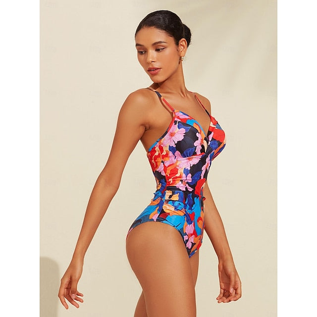 Floral Print Crossover Collar Swimsuit