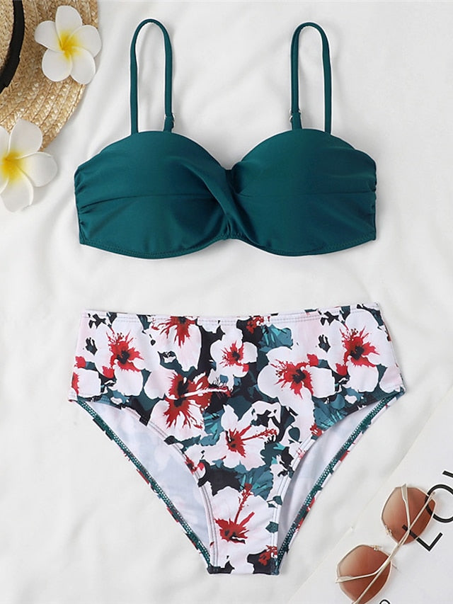 Women's Swimwear Bikini 2 Piece Normal Swimsuit 2 Piece Open Back Sexy Printing High Waisted Floral Leaves Strap Vacation Fashion Bathing Suits