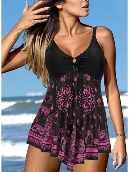 Women's Swimwear Tankini 2 Piece Swim Dress Normal Swimsuit 2 Piece Modest Swimwear Floral Print Strap Vacation Beach Wear Bathing Suits