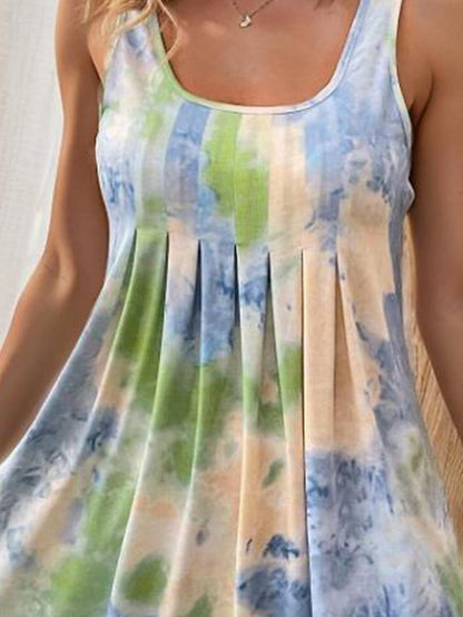 Γυναικείο φόρεμα Tank φόρεμα Tie Dye Shift Φόρεμα με πλισέ U λαιμόκοψη Μίνι φόρεμα Κομψό Vacation Beach Αμάνικο καλοκαίρι