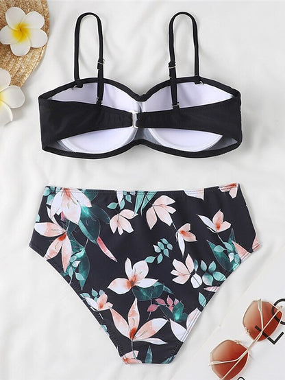 Women's Swimwear Bikini 2 Piece Normal Swimsuit 2 Piece Open Back Sexy Printing High Waisted Floral Leaves Strap Vacation Fashion Bathing Suits