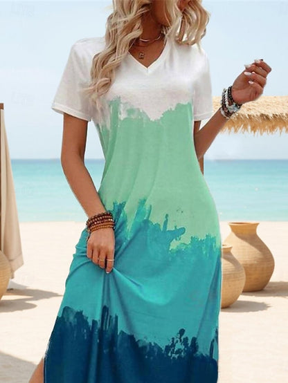 Robe Maxi décontractée pour femme - Dégradé ombré - Bloc de couleur - Tie Dye - Cuisse fendue - Col en V - Robe longue élégante - Bohème - Vacances - Manches courtes - Été 