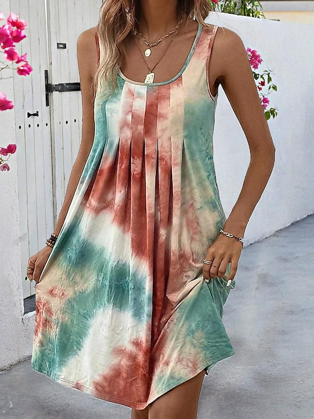 Women's Tank Dress Tie Dye Shift Dress Pleated U Neck Mini Dress Stylish Boho Vacation Beach Sleeveless Summer