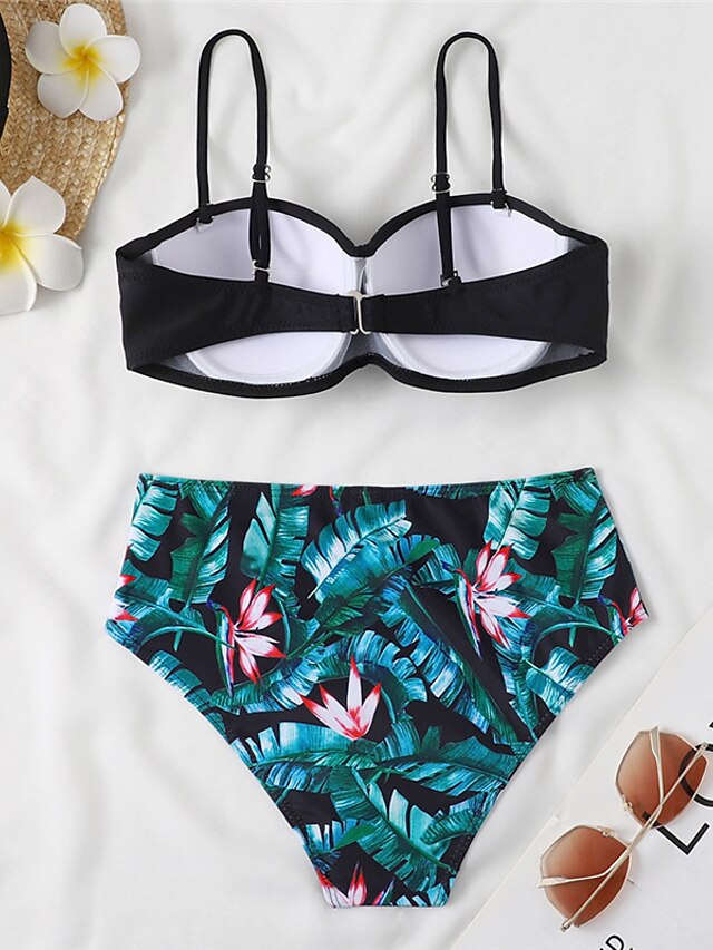 Women's Swimwear Bikini 2 Piece Normal Swimsuit 2 Piece Open Back Sexy Printing High Waisted Floral Leaves Strap Vacation Fashion Bathing Suits