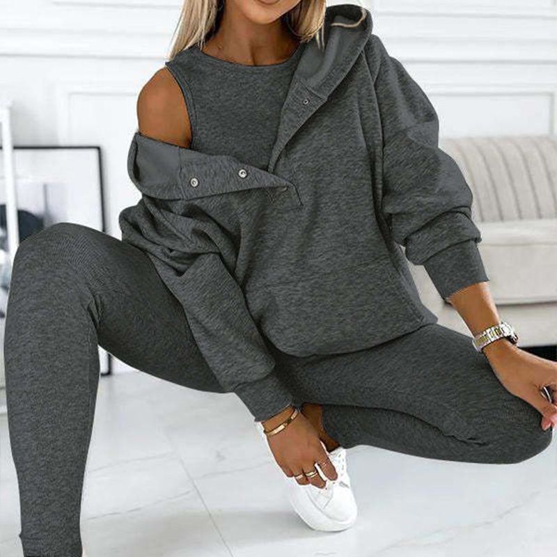 2024 Women's Athleisure Hooded Sweatshirt + Vest + Trousers, Set of 3