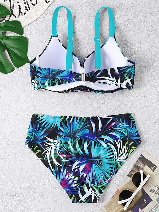 Women's Swimwear Bikini 2 Piece Normal Swimsuit Backless 2 Piece Push Up Sexy Printing Leaf V Wire Vacation Beach Wear Bathing Suits