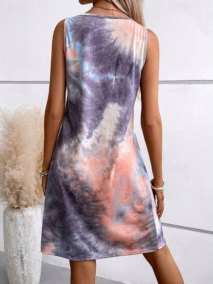 Women's Tank Dress Tie Dye Shift Dress Pleated U Neck Mini Dress Stylish Boho Vacation Beach Sleeveless Summer