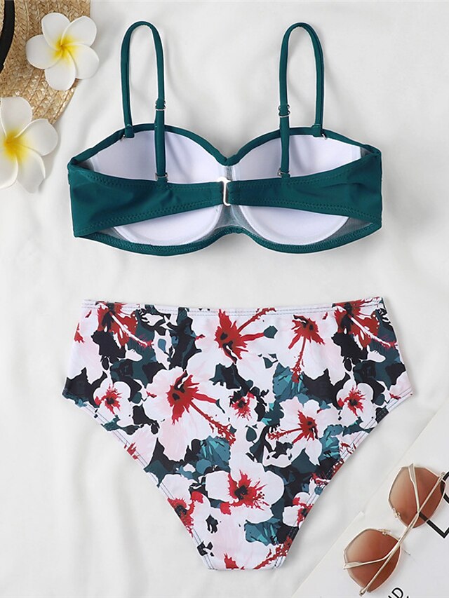 Women's Swimwear Bikini 2 Piece Normal Swimsuit 2 Piece Open Back Sexy Printing High Waisted Floral Leaves Strap Vacation Fashion Bathing Suits