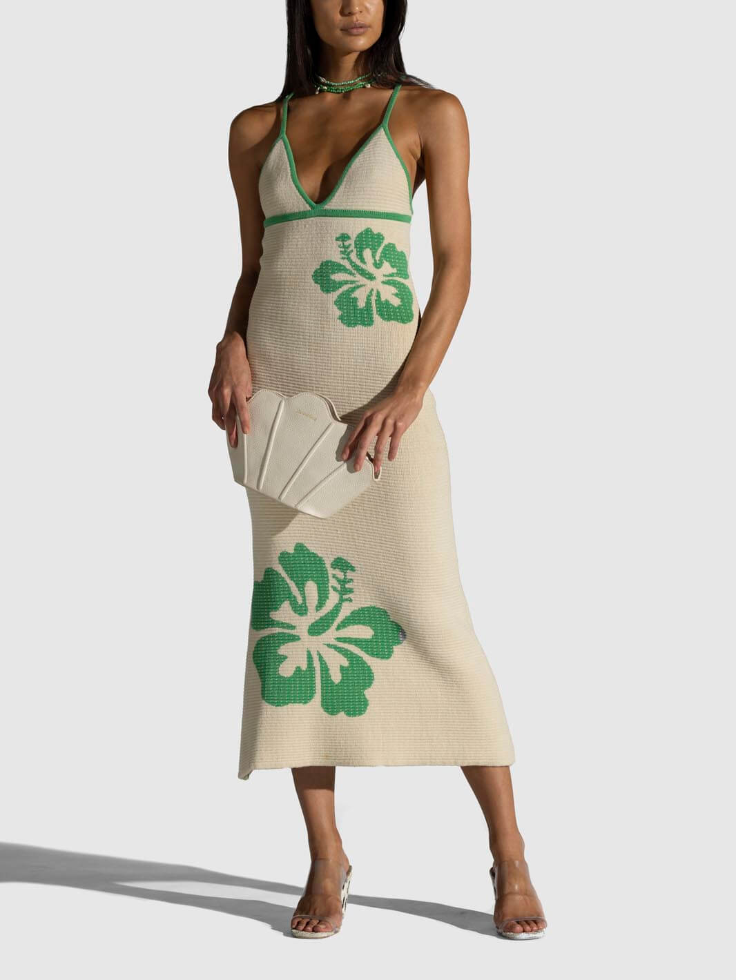 Robe midi sexy à bretelles tricotées et col en V dos nu