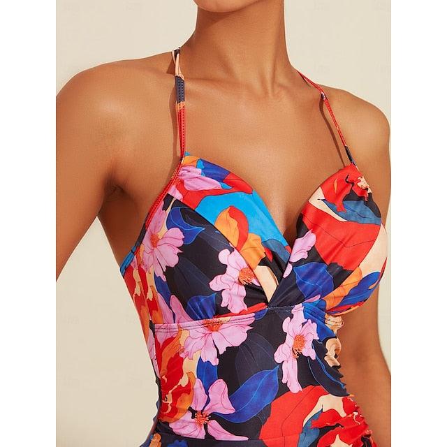 Floral Print Crossover Collar Swimsuit