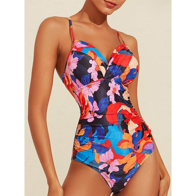 Floral Print Crossover Collar Swimsuit