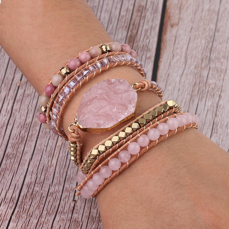 Bracciale Boho avvolgente in quarzo rosa