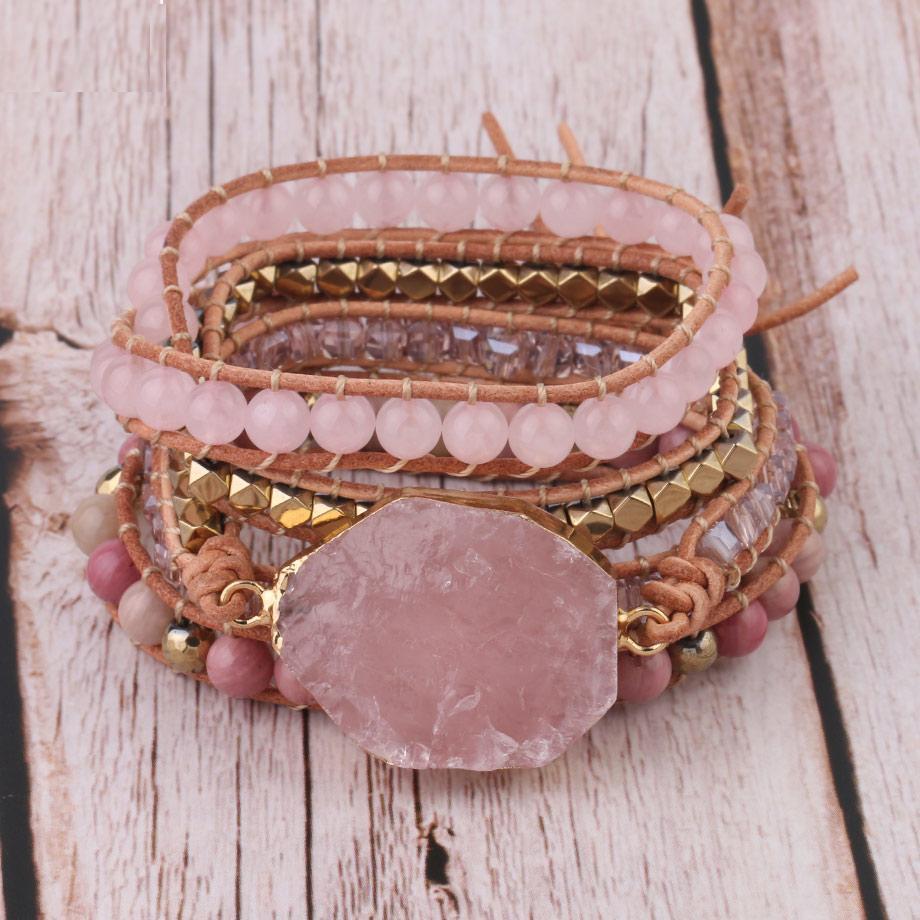 Bracciale Boho avvolgente in quarzo rosa