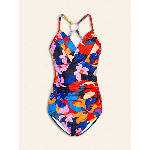 Floral Print Crossover Collar Swimsuit