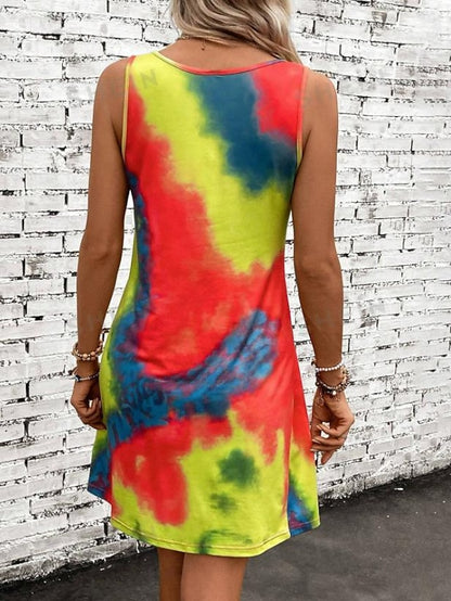 Women's Tank Dress Tie Dye Shift Dress Pleated U Neck Mini Dress Stylish Vacation Beach Sleeveless Summer