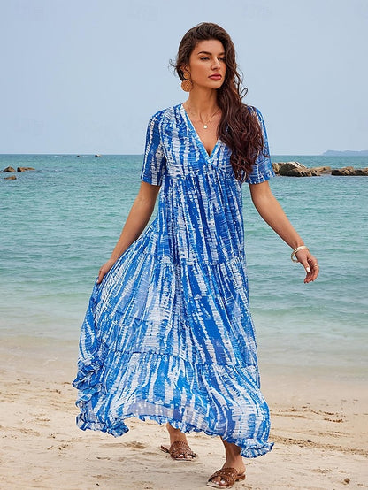 Tie Dye Print V Neck Long Dress Maxi Dress