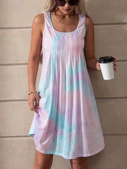 Women's Tank Dress Tie Dye Shift Dress Pleated U Neck Mini Dress Stylish Boho Vacation Beach Sleeveless Summer