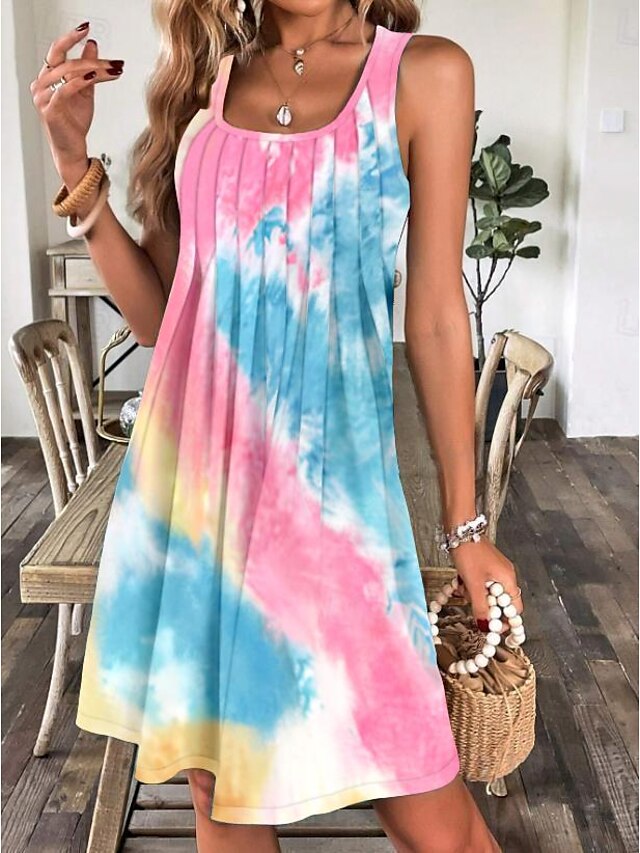 Women's Tank Dress Tie Dye Shift Dress Pleated U Neck Mini Dress Stylish Vacation Beach Sleeveless Summer