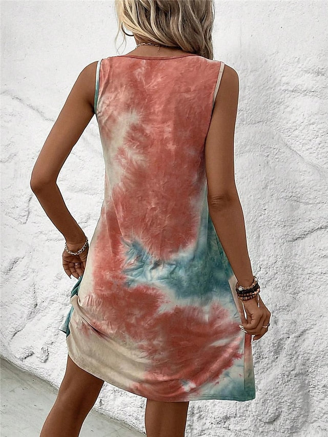 Women's Tank Dress Tie Dye Shift Dress Pleated U Neck Mini Dress Stylish Boho Vacation Beach Sleeveless Summer