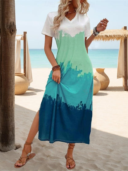 Robe Maxi décontractée pour femme - Dégradé ombré - Bloc de couleur - Tie Dye - Cuisse fendue - Col en V - Robe longue élégante - Bohème - Vacances - Manches courtes - Été 