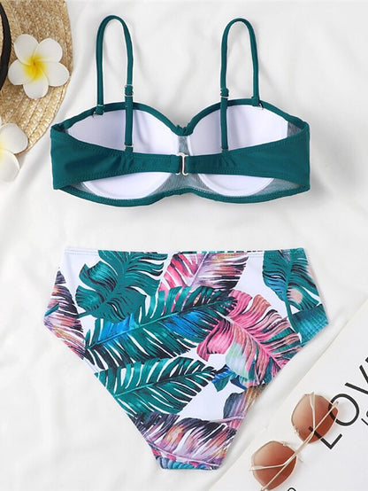 Women's Swimwear Bikini 2 Piece Normal Swimsuit 2 Piece Open Back Sexy Printing High Waisted Floral Leaves Strap Vacation Fashion Bathing Suits